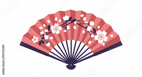 Traditional folding hand fan decorated with floral patterns and cherry blossoms.
