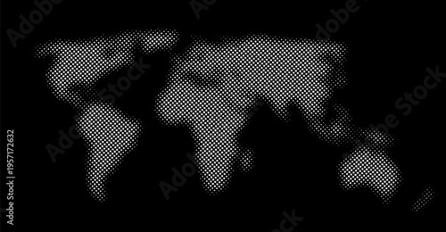 Black and white halftone style world map isolated. Sqaure pixel dots style. Vector illustration