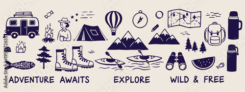 Outdoor explore camping, mountain lake adventure, kayak hiking icons, forest trip doodles, wanderlust travel gear, scouting camping elements, nature vacation illustration.