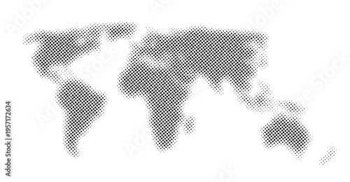 Black and white halftone style world map isolated. Round pixel dots style. Vector illustration