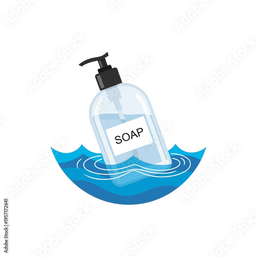 Hand sanitizer bottle labeled "SOAP" floating in water.