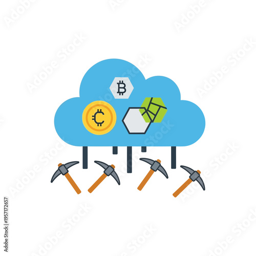 Cloud computing concept with cryptocurrency symbols and mining tools.
