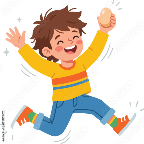 vector child jumping happily holding easter egg