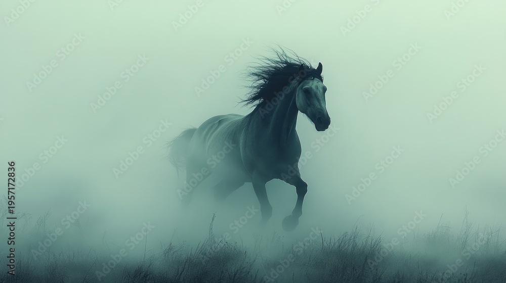 Obraz premium Majestic horse galloping through a misty landscape