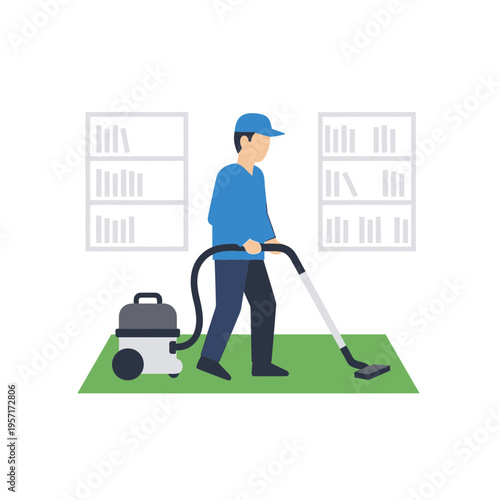 Person vacuuming carpet indoors with bookshelves in the background.