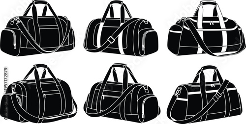 Duffel bag silhouettes, travel gear, gym bags, shoulder straps, zipper pockets, side compartments, black icons, utility shapes, luggage design