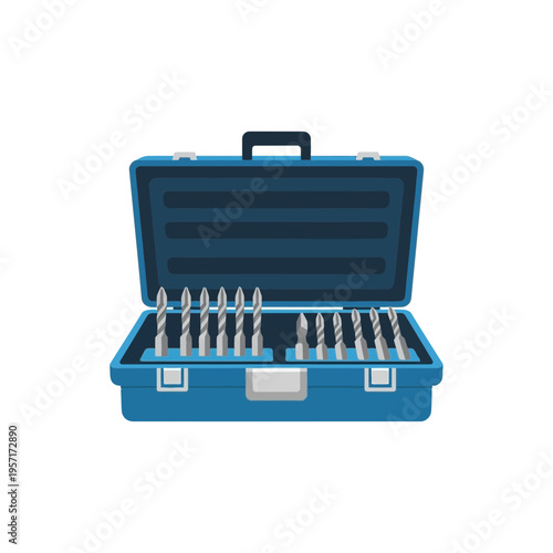 Open blue toolbox containing various drill bits and screwdriver bits.