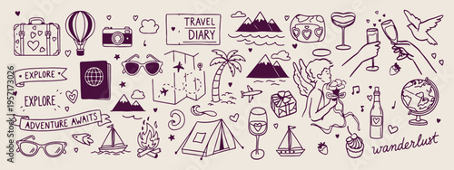 Travel diary hiking, mountain camping icons, forest exploration doodles, summer vacation gear, wanderlust adventure sketches, outdoor trip icons, nature discovery elements.
