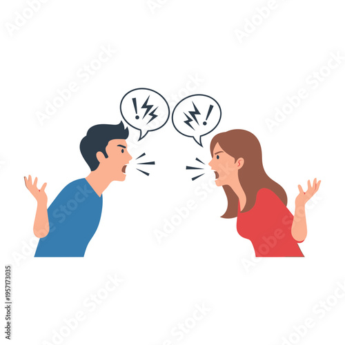 Two people arguing loudly, facing each other with angry expressions.