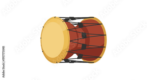 Traditional drum with wooden body and drumhead, mounted on a stand.