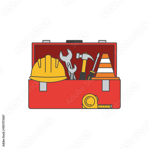 Toolbox containing a hard hat, wrench, hammer, screwdriver, and measuring tape