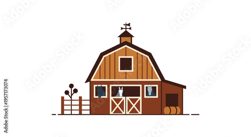 Cartoon-style barn with a weather vane, door, and window details.