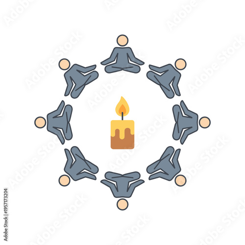 Group of people sitting in a circle around a lit candle in meditation.
