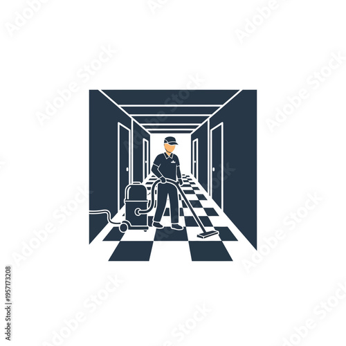 Housekeeper vacuuming corridor in a hotel or building interior.