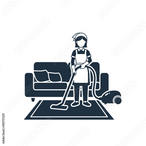Woman vacuuming living room with a vacuum cleaner and sofa.