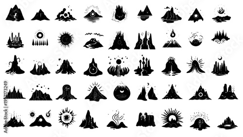 Vector tribal linocut grunge logo set, black silhouette logo set design