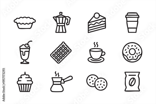 Cafe Food and Beverage Line Icons with Coffee Cake and Donut