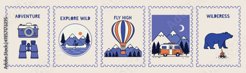 Hot air balloon, fly high adventure, mountain travel icon, outdoor wanderlust stamp, nature exploring badge, summer journey illustration, adventure tourism symbol.