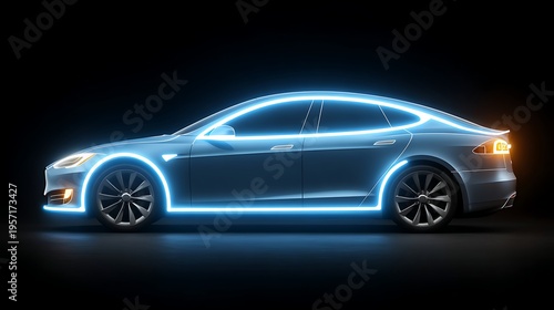 Futuristic electric car with neon glow on dark reflective surface