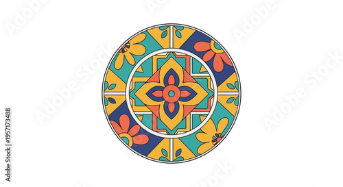 Decorative circular tile with intricate geometric and floral patterns.