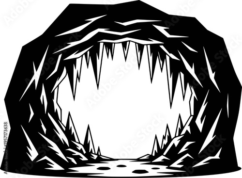 Stylized Black Cave Entrance With Icicle Formations And Rocky Ground white background