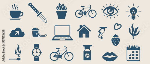 Modern lifestyle icons, work from home, bicycle eco travel, laptop remote work, home office doodles, healthy living symbols, freelance career illustration.