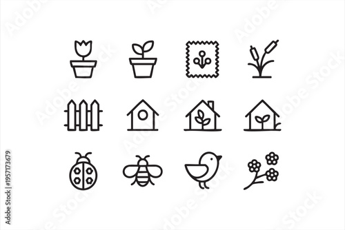 Spring Nature Icons with Blossoms Leaves and Backyard Gardening Elements