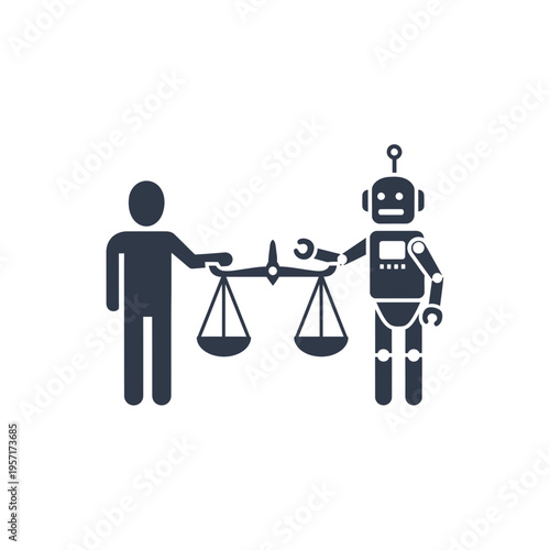 Human and robot exchanging a balanced scale symbol in a handshake.