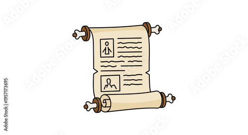 Illustration of a scroll with a document and a profile icon.