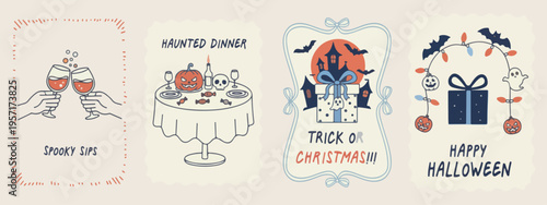 Trick or Christmas, spooky holiday fusion, halloween festive dinner, creepy xmas celebration, pumpkin holiday icons, haunted winter feast, unique holiday mashup.