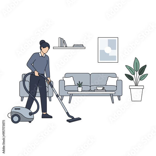 Woman vacuuming living room with sofa, plants, and framed picture on wall.
