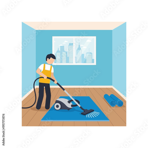 Person vacuuming a blue rug in a room with large window and city view