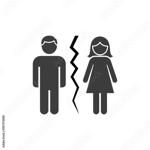 Illustration of a broken heart symbol between a man and a woman.