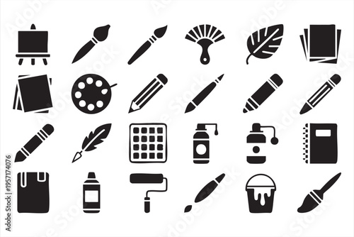 Artist Tool Icons Featuring Paint Roller Glue and Color Swatches