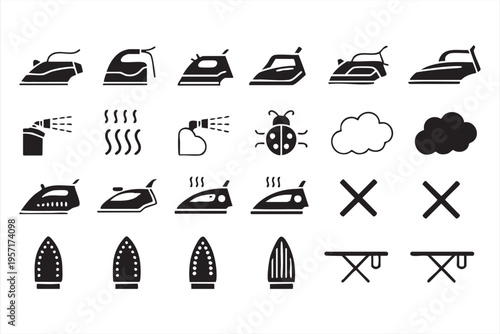 Ironing Icon Collection with Steam Iron Laundry and Fabric Care Tools