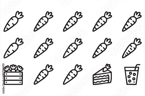Carrot Food Icon Set with Fresh Produce and Nutrition Elements