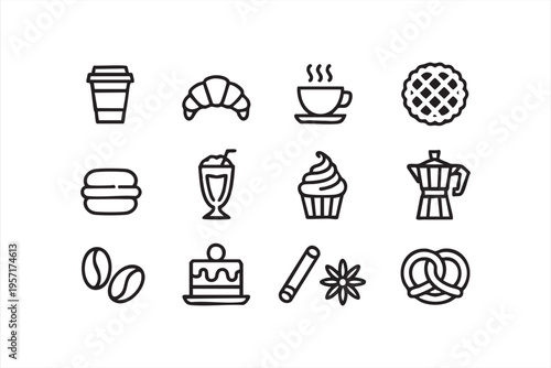 Cafe Menu Icons Featuring Croissant Cupcake Coffee and Pastry Elements