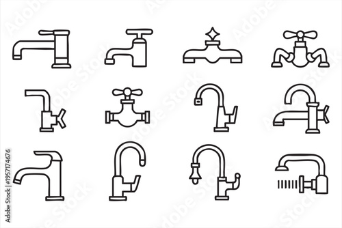 Water Tap Icon Set for Bathroom Kitchen and Household Repair