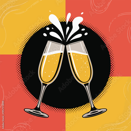 Two champagne glasses clinking on black circle background celebration party