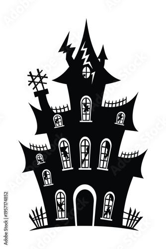 Vector of a spooky haunted house with pointed turrets and eerie windows