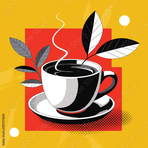 Steaming black coffee cup on saucer with leaves