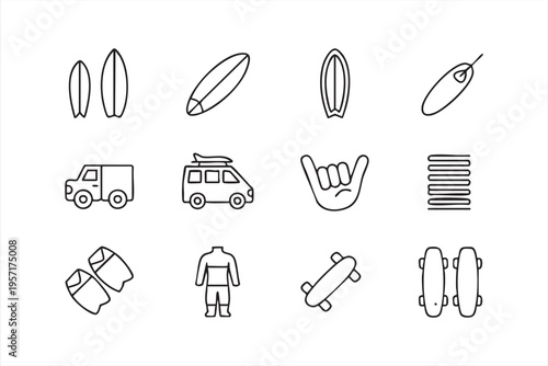 Summer Surf Icons with Ocean Sport Travel and Coastal Adventure Symbols