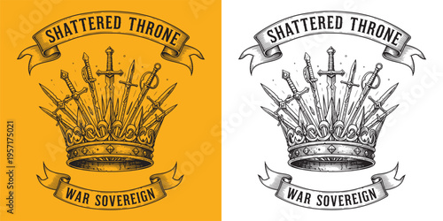 Shattered Throne War Sovereign Crown with Multiple Swords Illustration