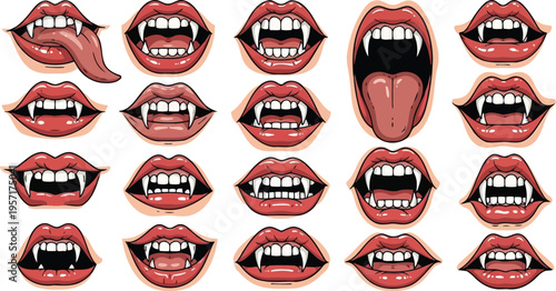 Cartoon red vampire lips with fangs and tongue collection