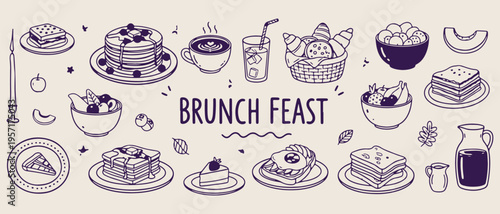 Brunch feast menu, morning breakfast doodles, coffee and pastry sketches, hand drawn cafe elements, culinary dining illustration, food recipes graphics, restaurant lifestyle icons