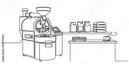 Professional Coffee Roasting Machine and Packaged Beans One Line Illustration