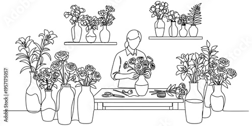 Woman Florist Arranging Beautiful Flower Bouquets in Minimalist Flower Shop