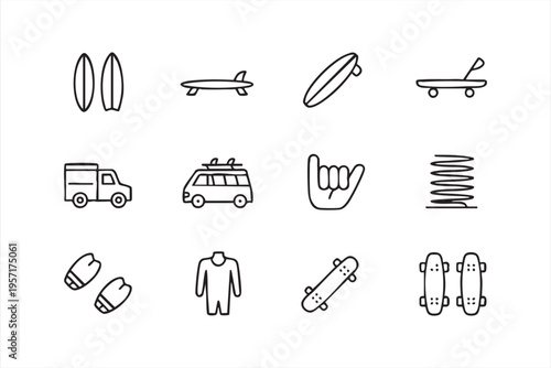 Surfing Lifestyle Icons with Van Wetsuit and Shaka Hand Symbols