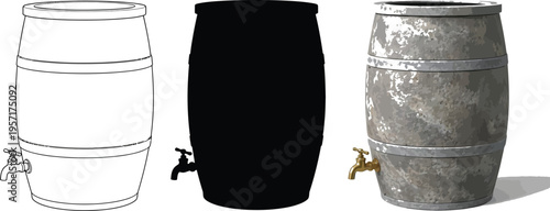 Collection of rain barrels in various styles including outline silhouette and realistic weathered metal for water conservation and sustainable living concepts
