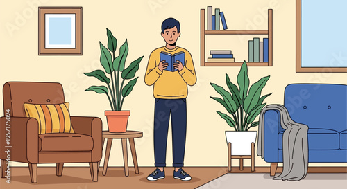 Young man engrossed in reading a book, standing upright.